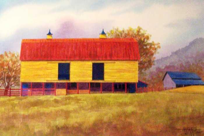 Mountain Painting - Yellow Barn by Hugh Harris