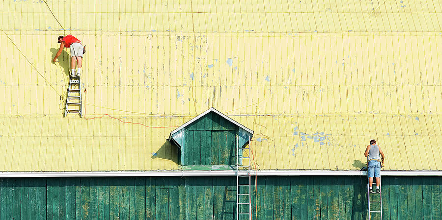 Farm Photograph - Yellow Barn Roof workers-2 by Steve Somerville