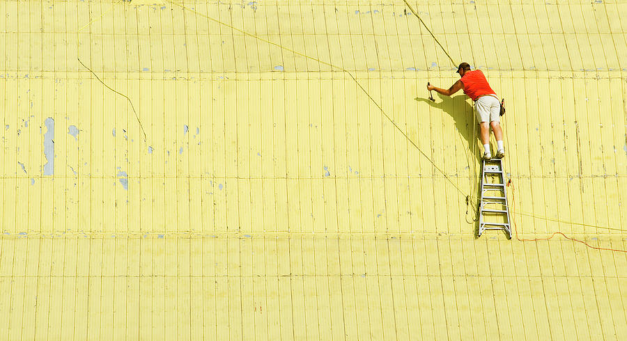 Farm Photograph - Yellow Barn Roof workers-4 by Steve Somerville