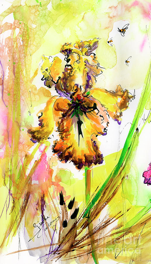 Yellow Bearded Iris and Bees Painting by Ginette Callaway
