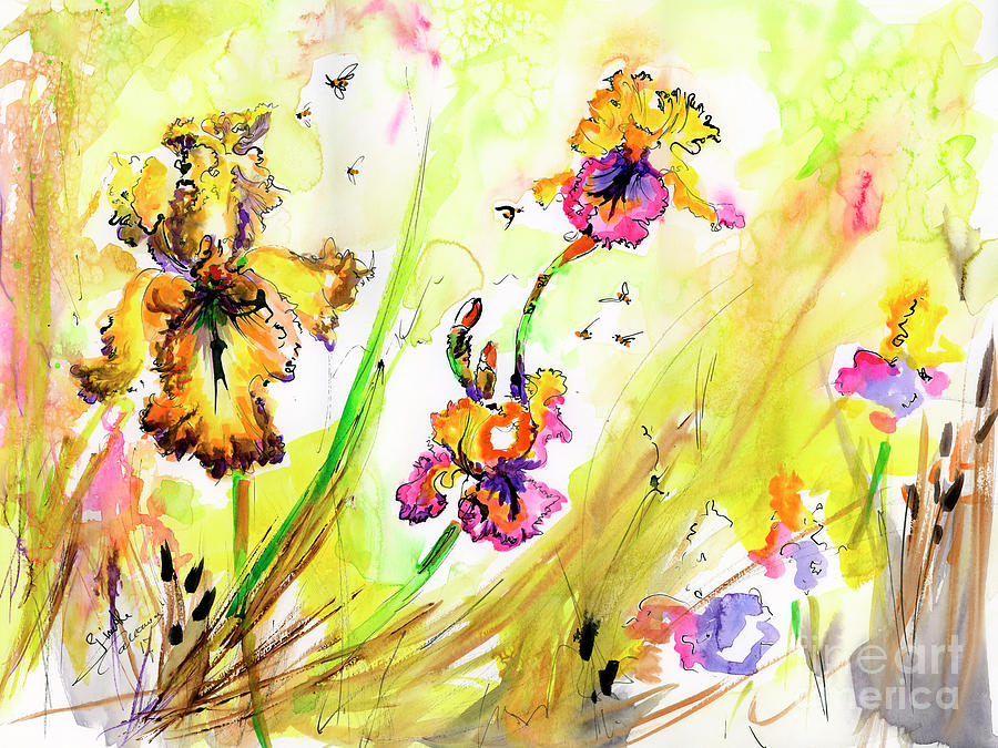 Yellow Bearded Irises and Bees Watercolor Print Painting by Ginette Callaway