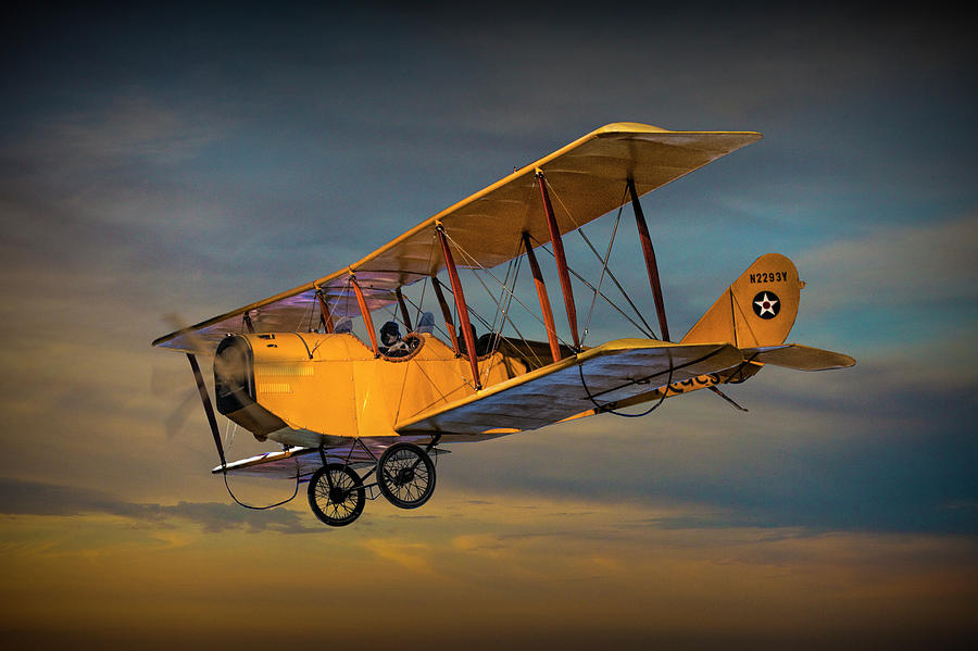 Yellow Biplane with Sunset Cloudy Sky Photograph by Randall Nyhof