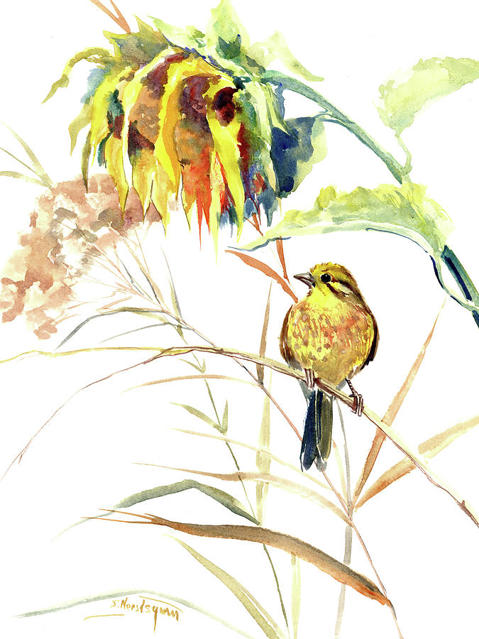Sunflower Painting - Yellow Bird and Flower, Sunflower and Yellowhammer by Suren Nersisyan
