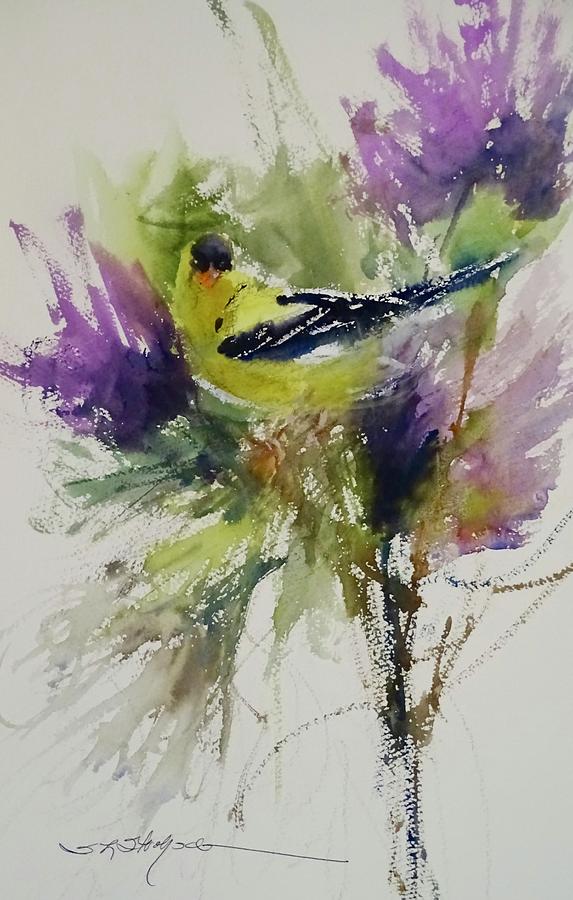Yellow Bird in the Thistles Painting by Sandra Strohschein