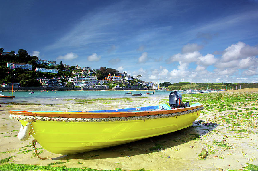 Yellow Boat, at low tide at Salcombe Estuary, Devon, UK Photograph by Maggie Mccall