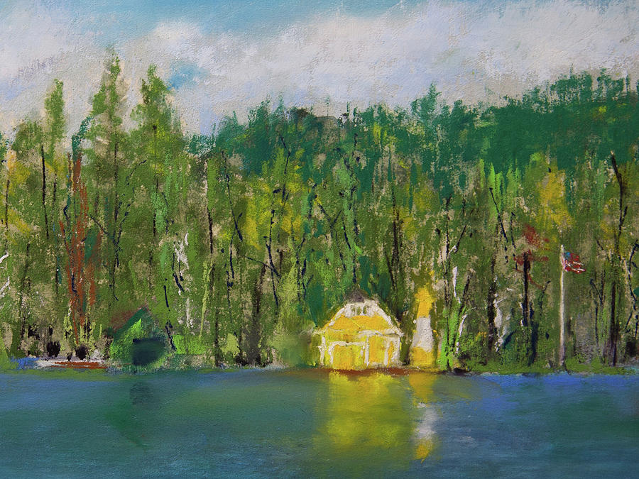 Yellow Boathouse on the Pond Pastel by David Patterson