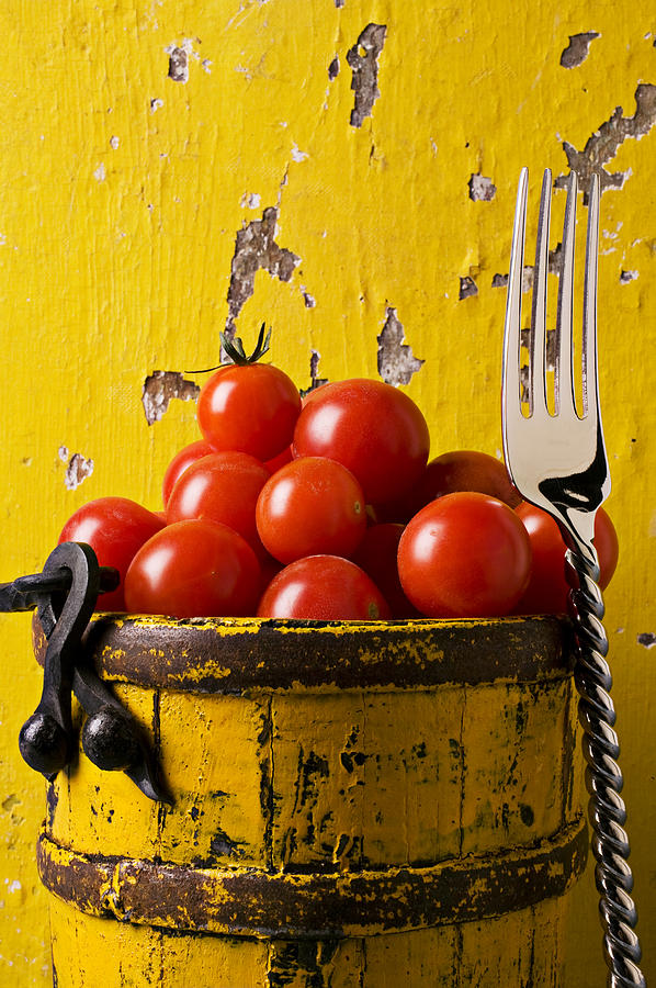 Vegetable Photograph - Yellow bucket with tomatoes by Garry Gay
