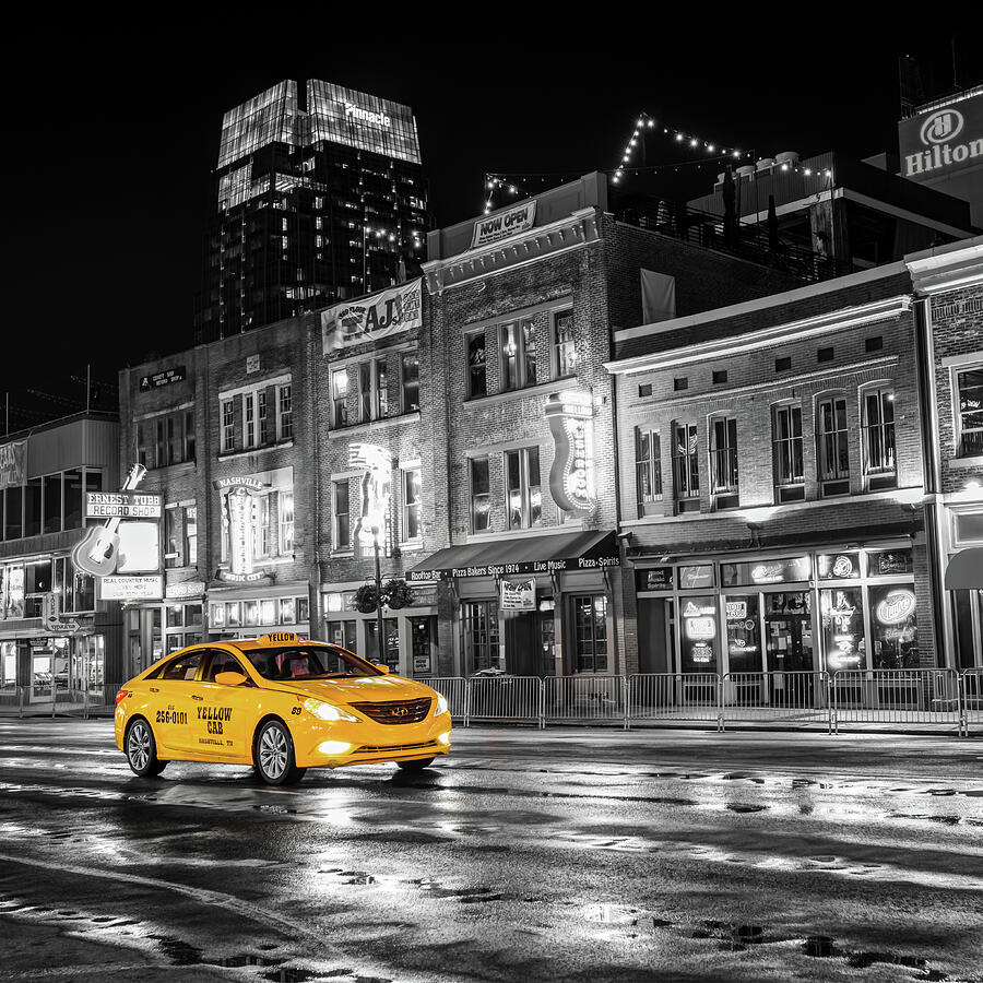 Nashville Skyline Photograph - Yellow Cab - Nashville Black and White by Gregory Ballos