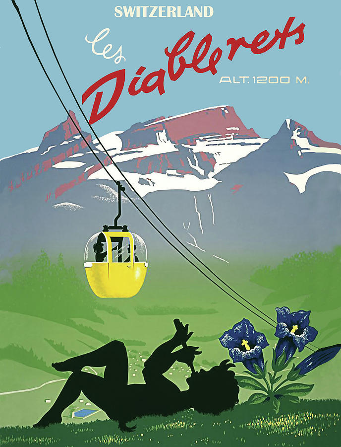 Vintage Painting - Yellow cable car over Diablerets by Long Shot