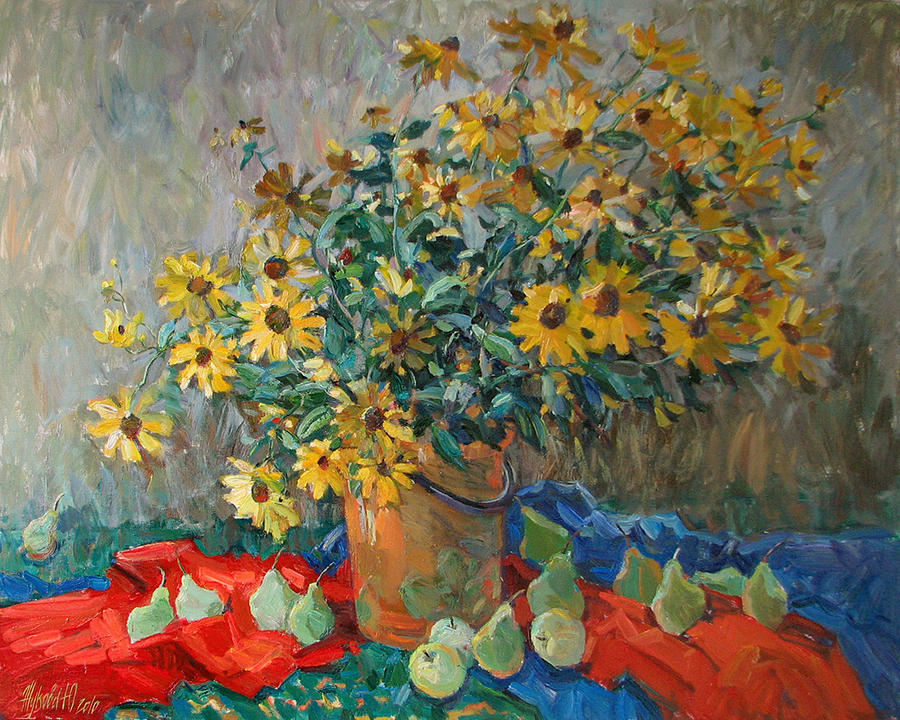 Yellow camomiles and green pears Painting by Juliya Zhukova
