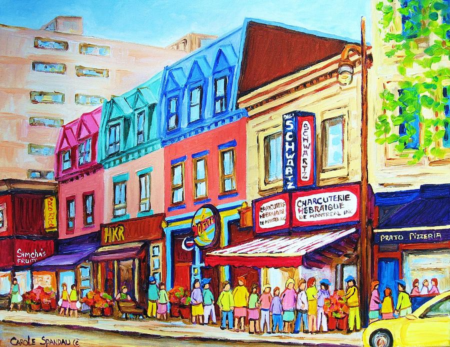 Yellow Car at the Smoked Meat Lineup Painting by Carole Spandau