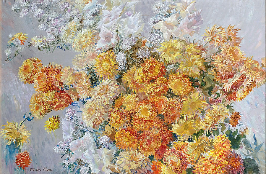 Yellow Chrysanthemum Painting by Maya Gusarina