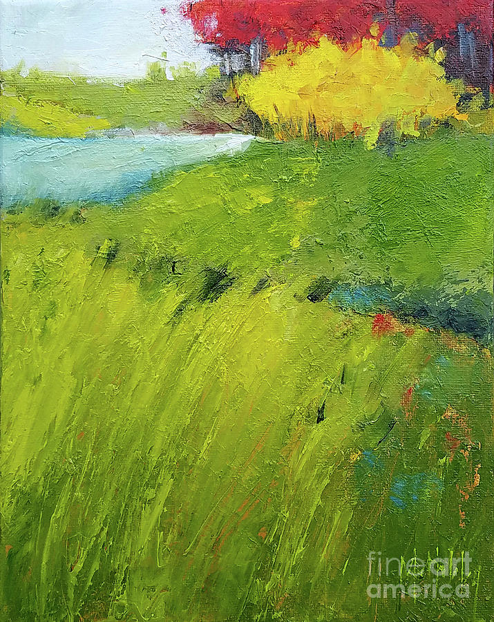 Yellow Color Green Field Nature Painting by Mary Hubley