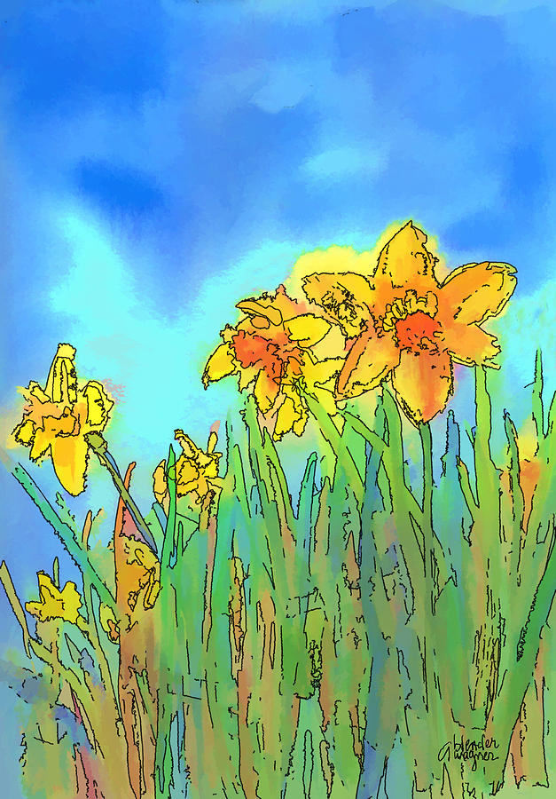 Flower Digital Art - Yellow Daffodils by Arline Wagner