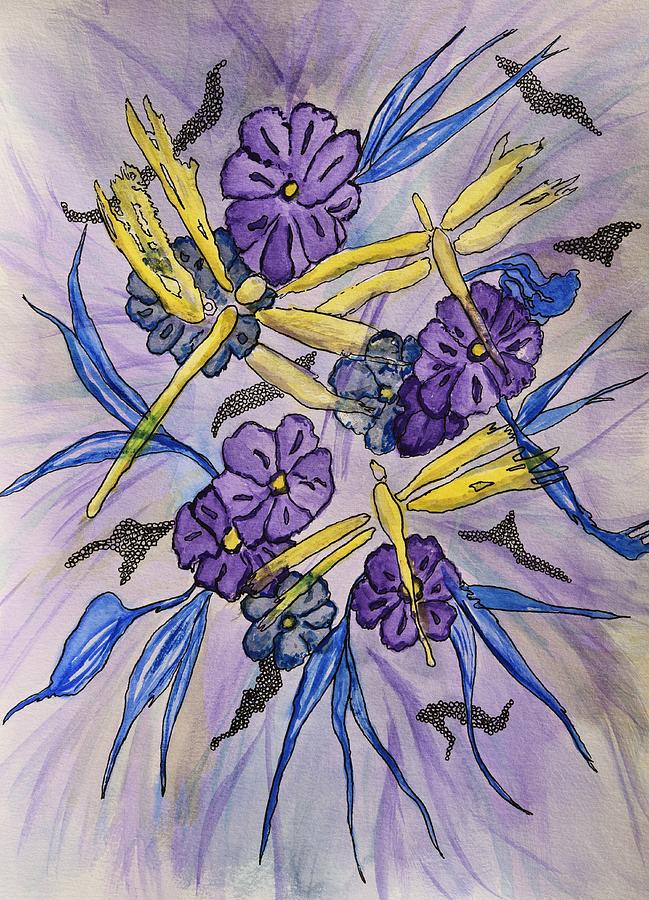 Yellow Dragonflies and Purple Flowers Abstract Painting by Linda Brody