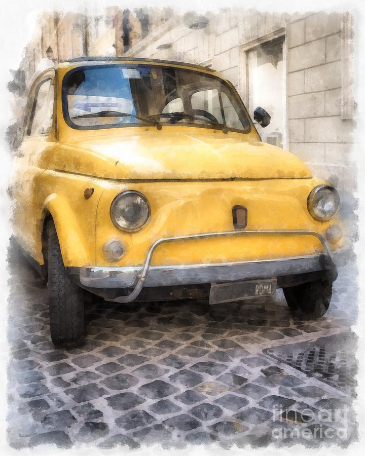 Vintage Painting - Yellow Fiat 500 Watercolor by Edward Fielding