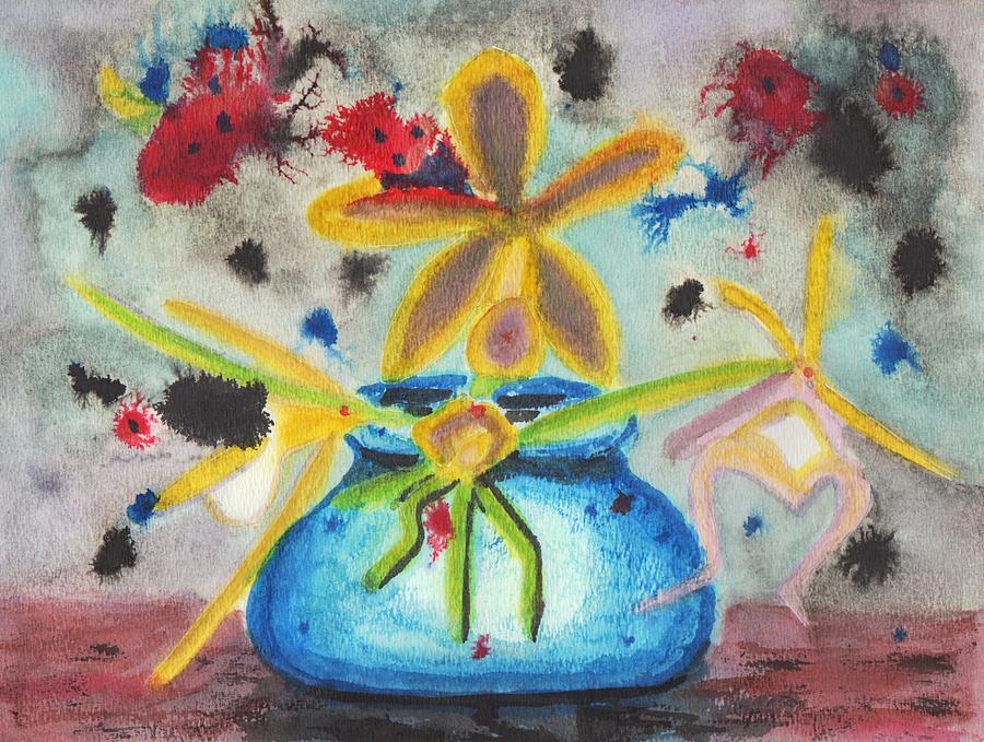 Vase Painting - Yellow Flower Blue Vase by Suzanne  Marie Leclair