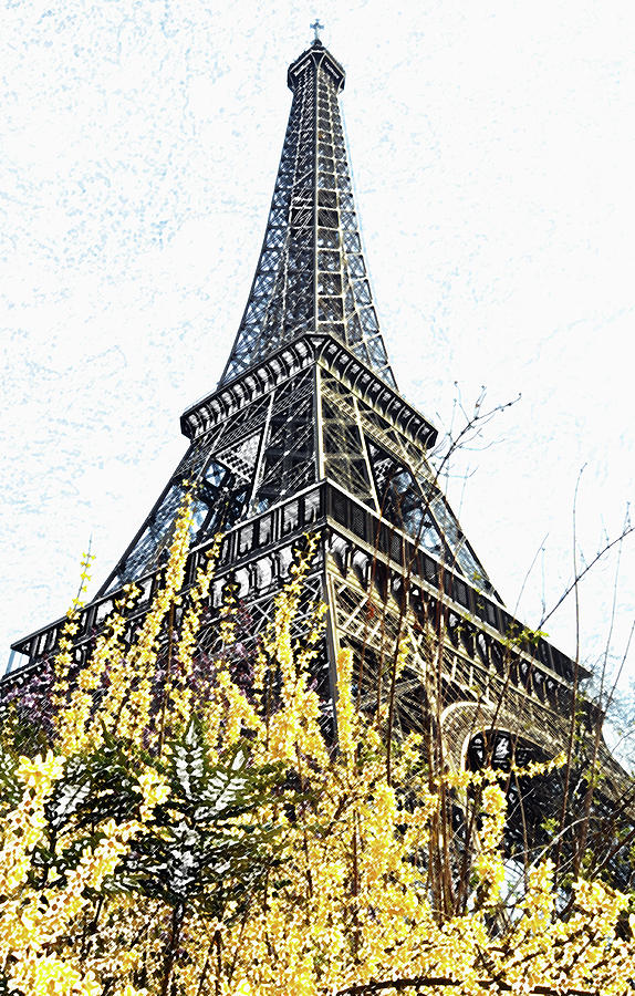 Yellow Flowers Blooming Beneath the Eiffel Tower Springtime Paris France Colored Pencil Digital Art Digital Art by Shawn OBrien