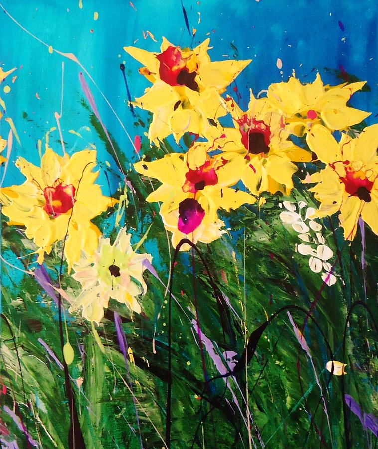 Yellow Flowers Blue Sky 3 Painting by Artist Schumacher | Fine Art America