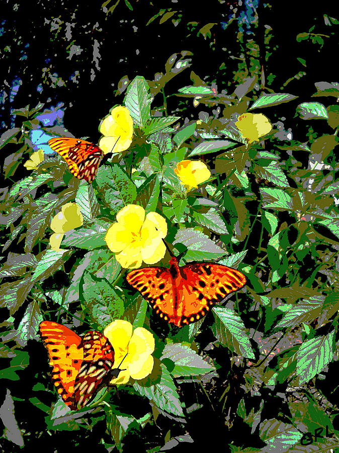 Yellow Flowers Butterflies Digital Painting Gulf Coast Florida Painting by G Linsenmayer