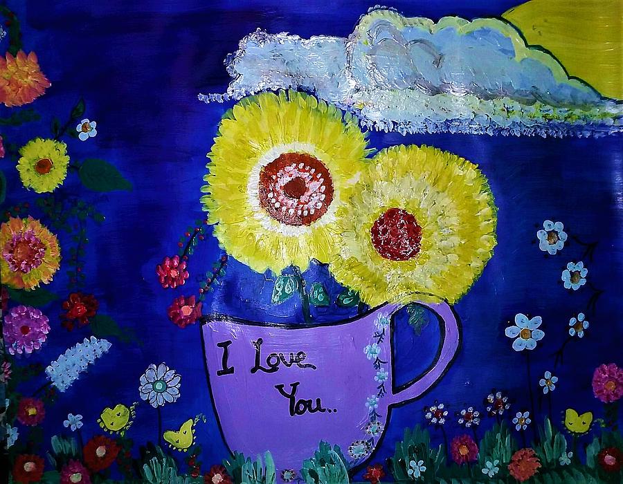 Pink Flowers Painting - Yellow flowers in purple cup. by Lynette Fekete Pink Flowers Painting - Yellow flowers in purple cup. by Lynette Fekete