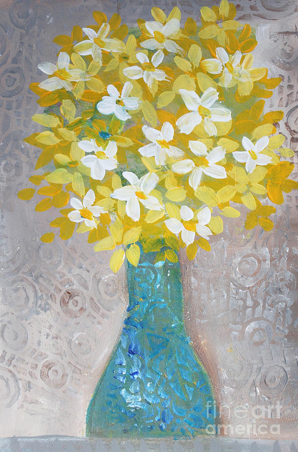 Flower Painting - Yellow Flowers in Turquoise Vase by Janyce Boynton