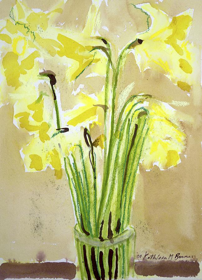 Yellow Flowers in Vase Painting by Kathleen Barnes