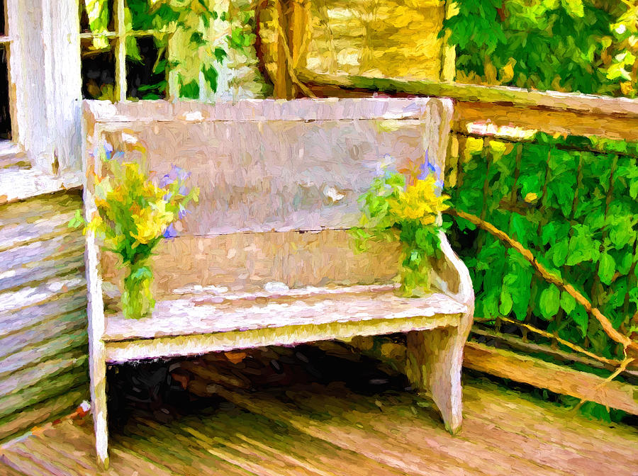 Yellow Flowers on Porch Bench Photograph by Ginger Wakem