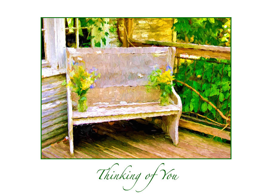 Yellow Flowers on Porch Bench Greeting Card Photograph by Ginger Wakem