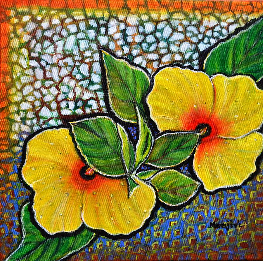 Yellow Hibiscus a decorative painting with mosaic style on sale Painting by Manjiri Kanvinde
