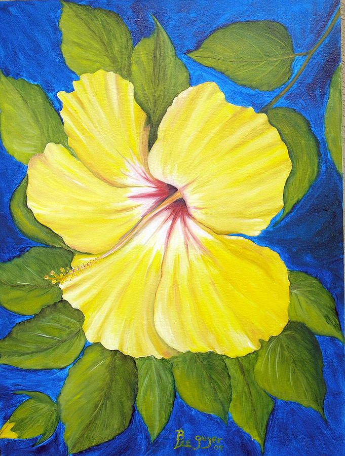 Yellow Hibiscus on blue Painting by Betty Lee Guyer - Fine Art America