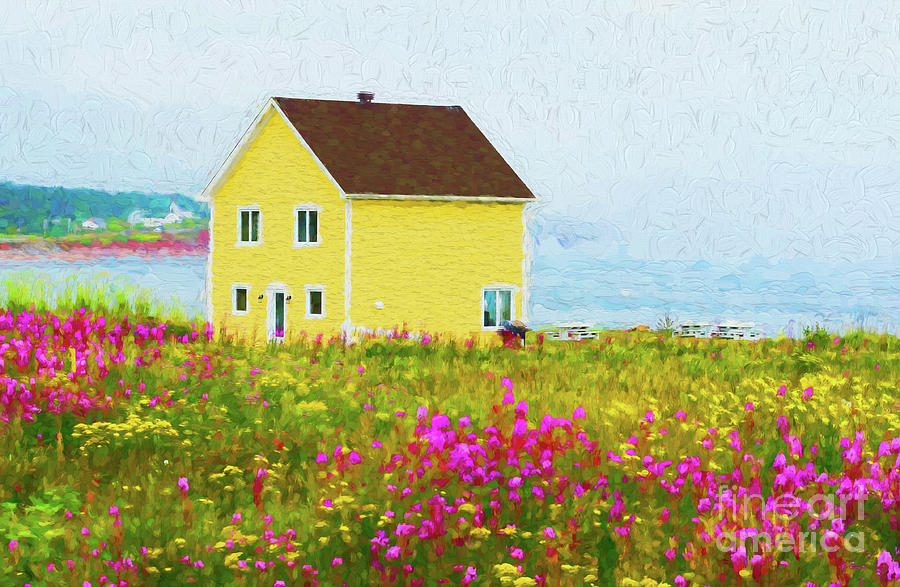 Yellow home and pink flowers - painterly Digital Art by Les Palenik