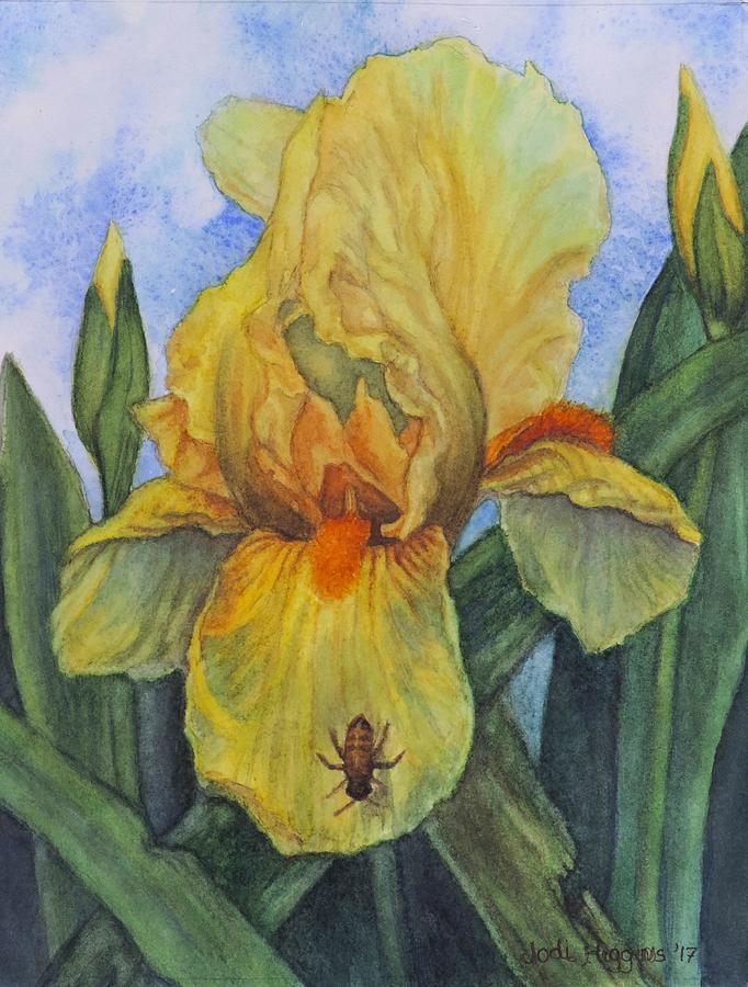 Yellow Iris with Bee Painting by Jodi Higgins