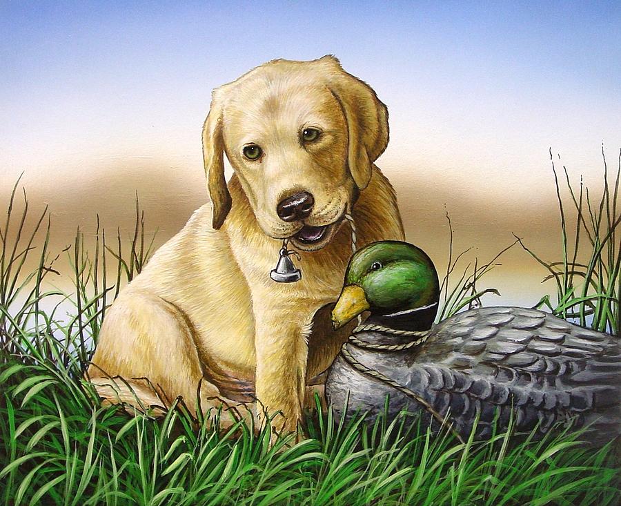 Yellow Lab Pup with Decoy II Painting by Anthony J Padgett