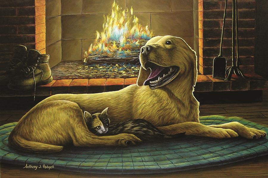 Yellow Lab with Kitten Painting by Anthony J Padgett