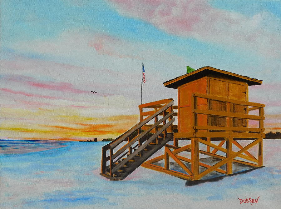 Yellow Lifeguard Stand At Sunset Painting by Lloyd Dobson