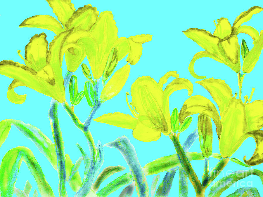 Yellow lilies on blue Painting by Irina Afonskaya