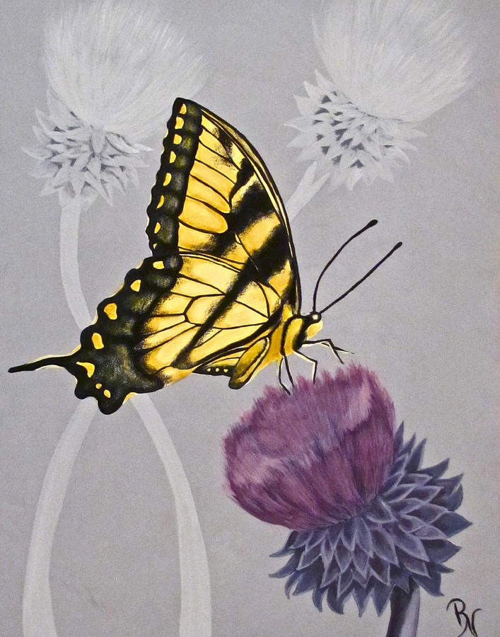 Yellow Monarch on Purple Thistle Painting by Renee Noel