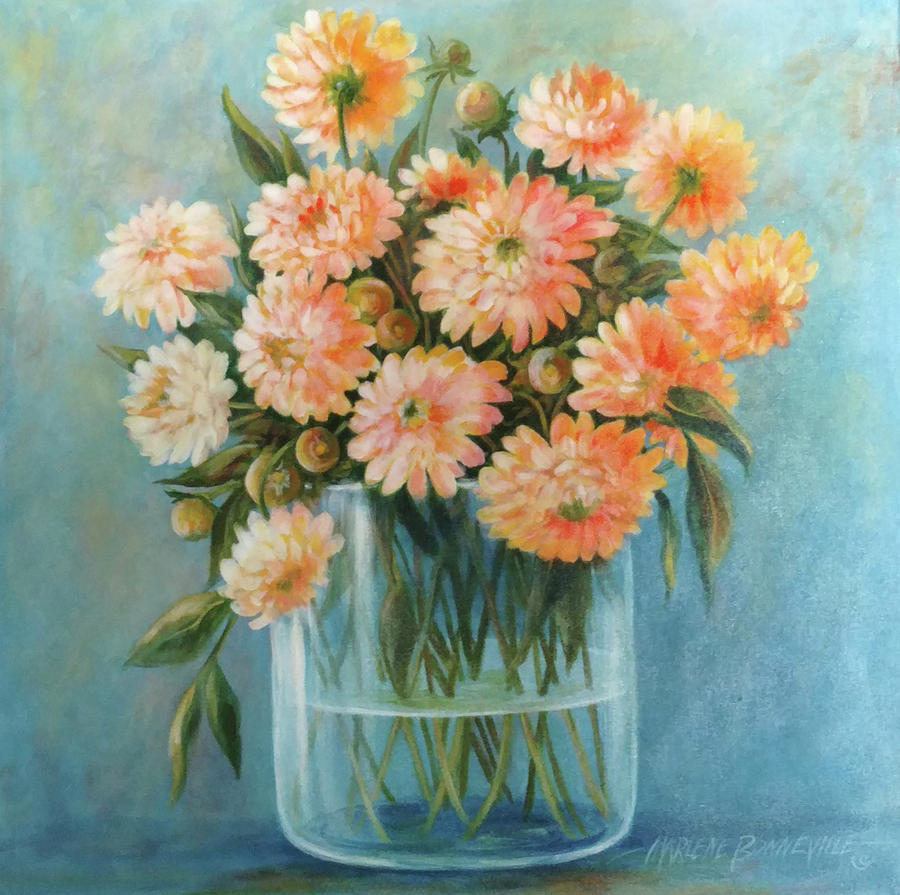 Flower Painting - Yellow Mums in Glass by Marlene Bonneville