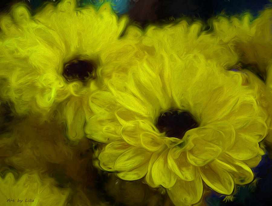Yellow mums Painting by Lilia D