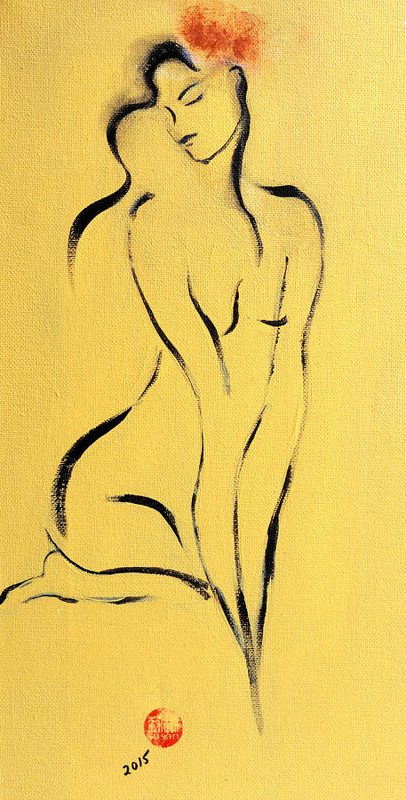 Nude Painting - Yellow Nude with Pink Flower by Susan Adams