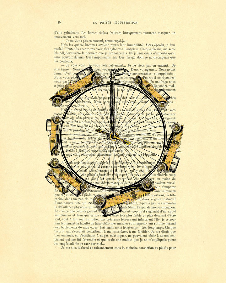 Vintage Digital Art - Yellow oldtimers on a bicycle wheel antique illustration on book page by Madame Memento
