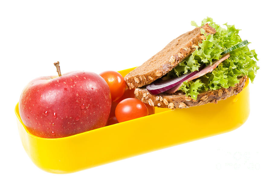 Yellow plastic lunch box with sandwich and apple Photograph by Arletta ...