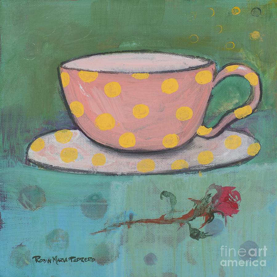 Cup Painting - Yellow Polka Dotted Pink Cup by Robin Pedrero