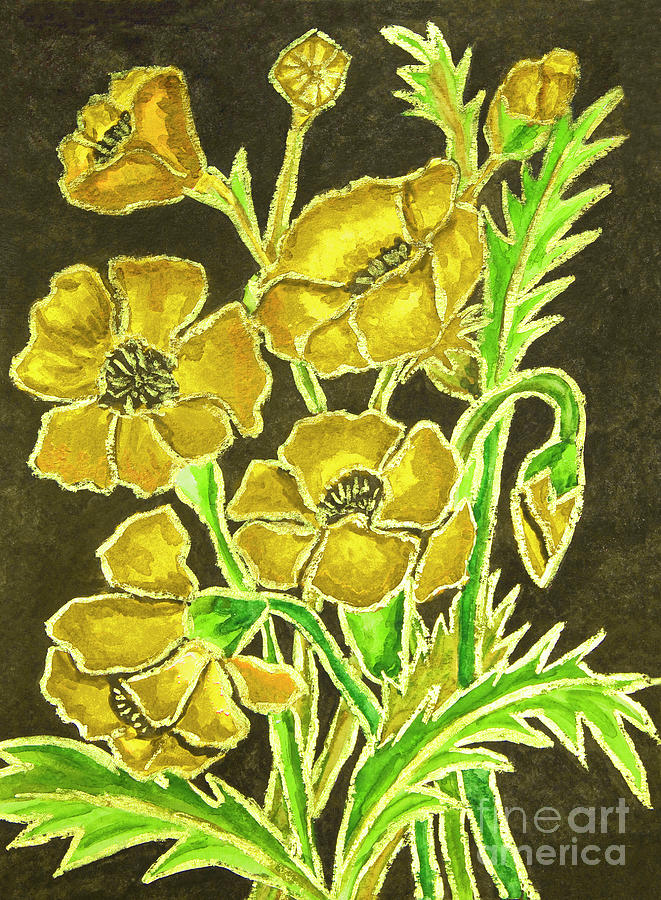 Yellow Poppies on black background, painting Painting by Irina Afonskaya