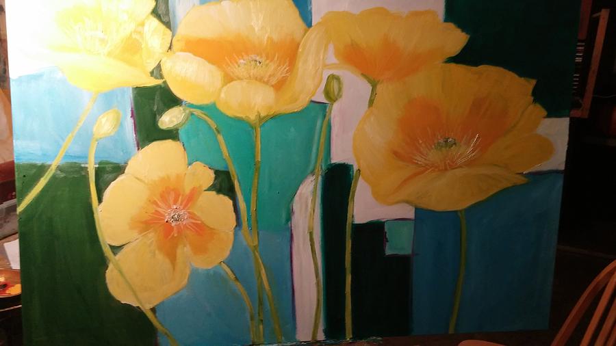 Yellow Poppies on blue Painting by Terrence  Howell