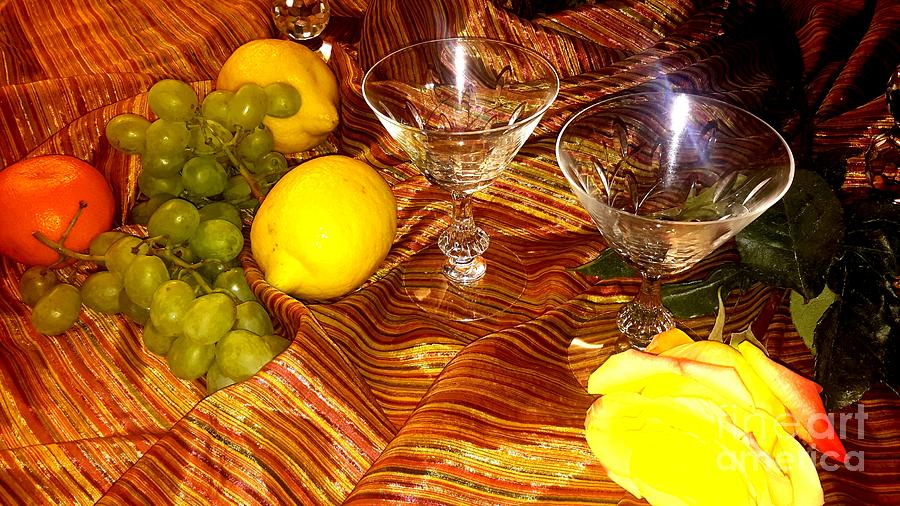 Yellow rose, 2 glasses, grapes, lemons Photograph by Oksana Semenchenko