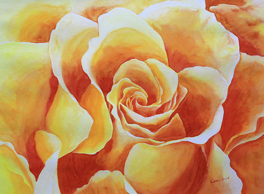 Yellow rose close up Painting by Karen Kaspar