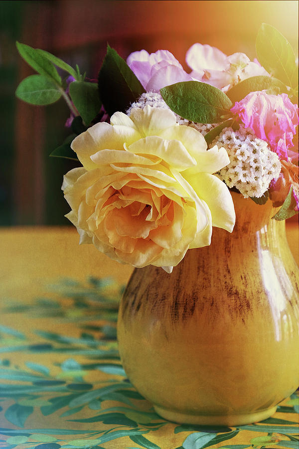 Yellow Rose in a Yellow Pitcher Photograph by Sherrie Triest