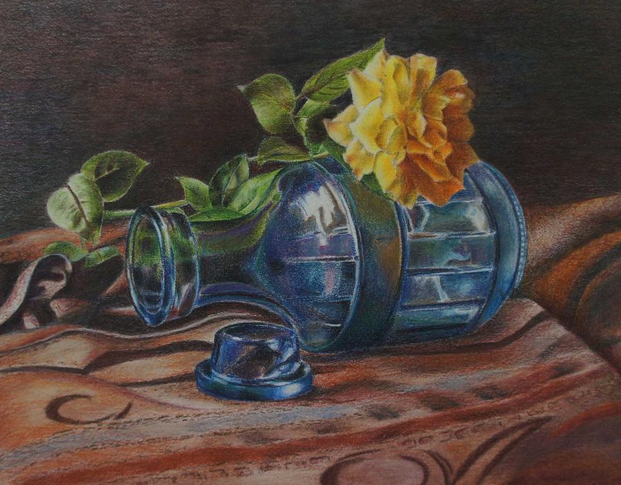Still Life Drawing - Yellow Rose on Blue by Mary Jo Jung